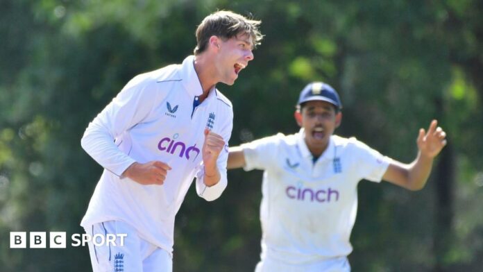 Archie Vaughan celebrates taking a wicket for England U19s