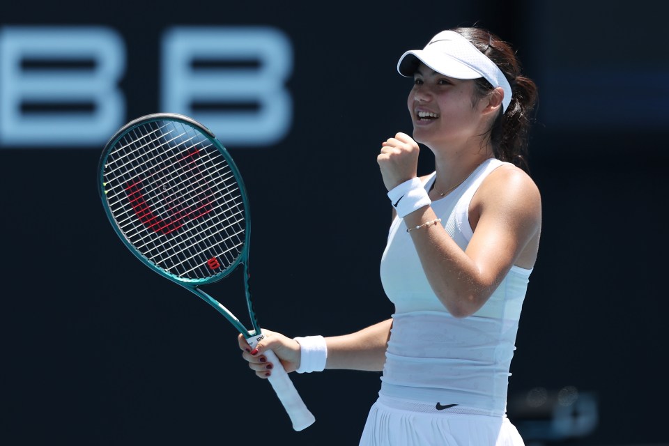 Emma Raducanu celebrating a tennis match victory.