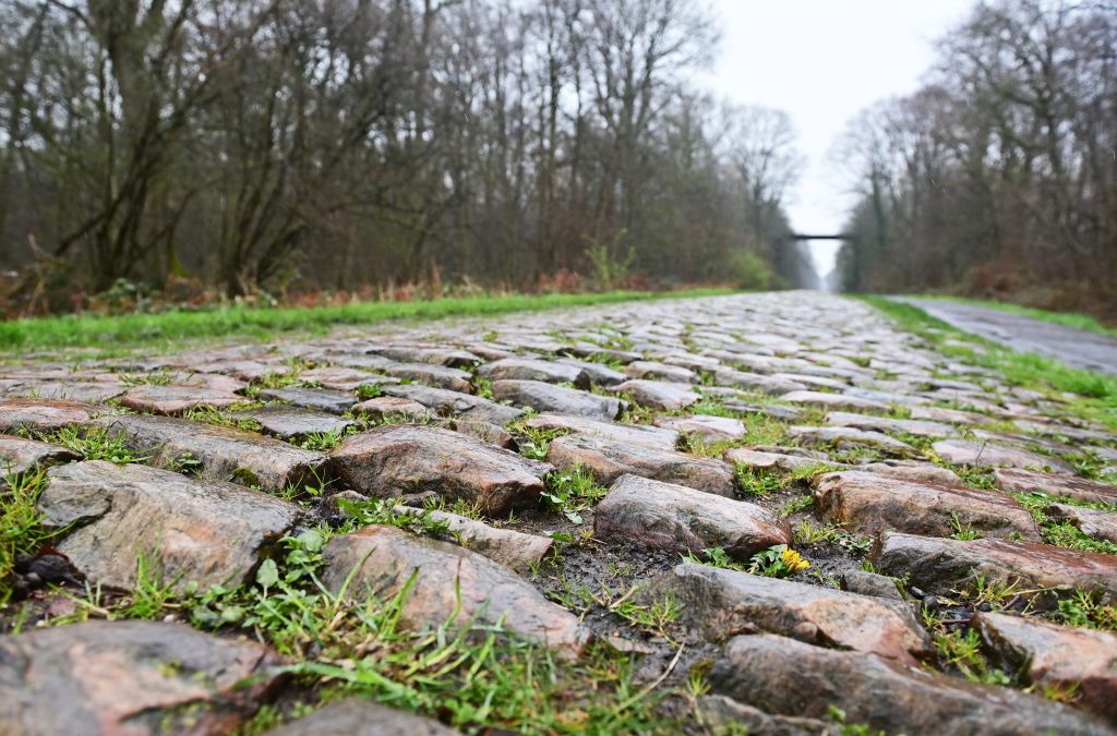 Cobblestone pictured during the reconnaissance of the track ahead of this years ParisRoubaix cycling race Thursday 06 April 2023 around Roubaix France The ParisRoubaix cycling race will take place on Sunday 09 April BELGA PHOTO DIRK WAEM Photo by DIRK WAEM BELGA MAG Belga via AFP Photo by DIRK WAEMBELGA MAGAFP via Getty Images