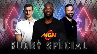 Ugo Monye, John Barclay and Sam Warburton smiling to camera with M6N Rugby Special in bold text