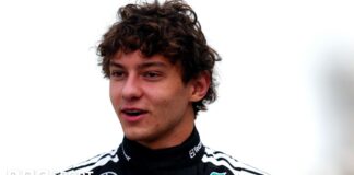 Andrea Kimi Antonelli pictured in his Mercedes race suit during 2025 F1 pre-season testing in Bahrain