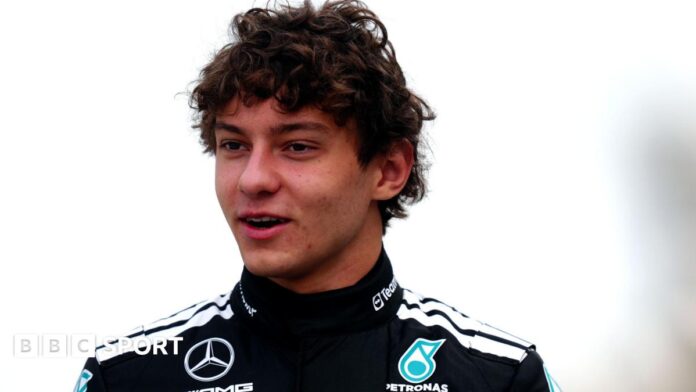 Andrea Kimi Antonelli pictured in his Mercedes race suit during 2025 F1 pre-season testing in Bahrain