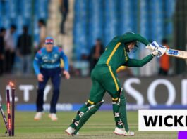 South Africa's Ryan Rickelton is bowled out