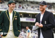 Australia captain Pat Cummins and England skipper Ben Stokes share a joke before the toss at Lord's during the 2023 Ashes 