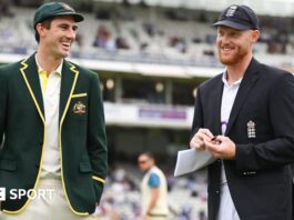 Australia captain Pat Cummins and England skipper Ben Stokes share a joke before the toss at Lord's during the 2023 Ashes 