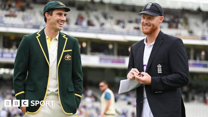 Australia captain Pat Cummins and England skipper Ben Stokes share a joke before the toss at Lord's during the 2023 Ashes 