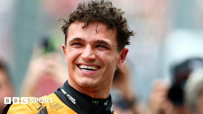 McLaren's Lando Norris smiles as he celebrates qualifying on pole for the Australian Grand Prix