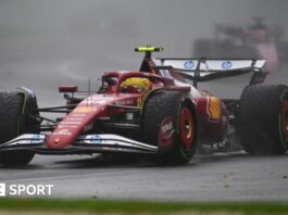 Lewis Hamilton driving his Ferrari in the wet at the Australian Grand Prix