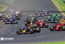 Max Verstappen leads the field into the first corner at the 2024 Australian Grand Prix