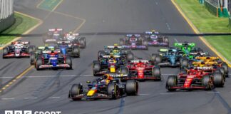 Max Verstappen leads the field into the first corner at the 2024 Australian Grand Prix