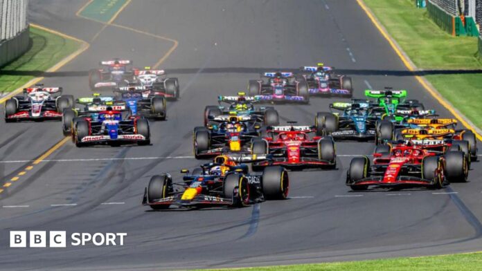 Max Verstappen leads the field into the first corner at the 2024 Australian Grand Prix