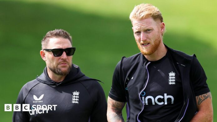 England head coach Brendon McCullum (left) speaks to Test captain Ben Stokes (right)