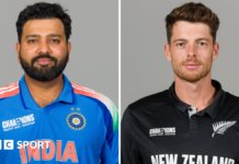 India captain Rohit Sharma (left) and New Zealand captain Mitchell Santner (right) split graphic