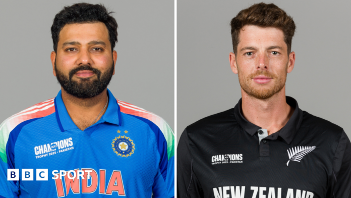 India captain Rohit Sharma (left) and New Zealand captain Mitchell Santner (right) split graphic