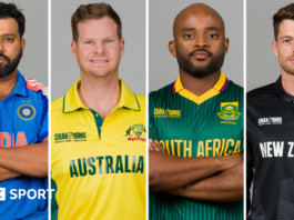 A split graphic of India captain Rohit Sharma, Australia's Steve Smith, South Africa's Temba Bavuma and New Zealand's Mitchell Santner