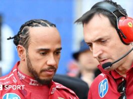 Lewis Hamilton stands next to his race engineer Riccardo Adami 