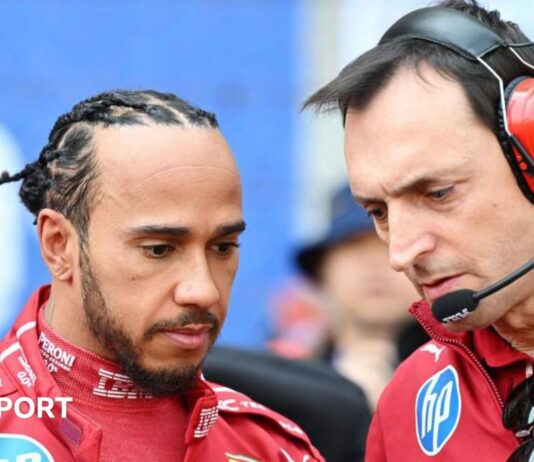 Lewis Hamilton stands next to his race engineer Riccardo Adami 
