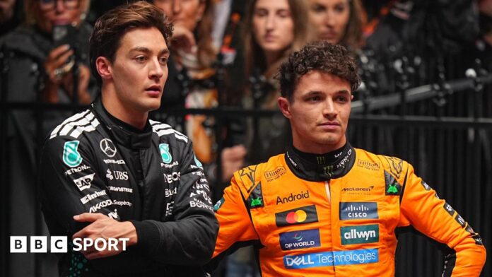 Lando Norris of McLaren and George Russell of Mercedes talking after race at the 2025 Australian Grand Prix