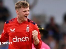 Dan Mousley punches the air in celebration after taking a wicket for England in a white-ball international