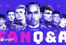 Graphic image of, from left to right, Alex Albon, George Russell, Max Verstappen, Lewis Hamilton, Lando Norris, Jack Doohan and Oliver Bearman. It is on a blue background with 'Fan Q&A' below the drivers