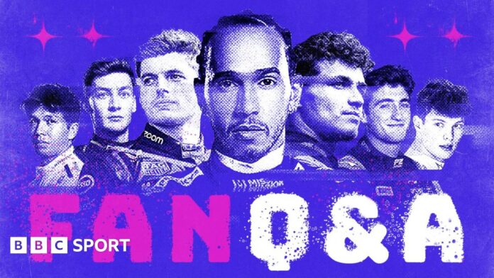 Graphic image of, from left to right, Alex Albon, George Russell, Max Verstappen, Lewis Hamilton, Lando Norris, Jack Doohan and Oliver Bearman. It is on a blue background with 'Fan Q&A' below the drivers