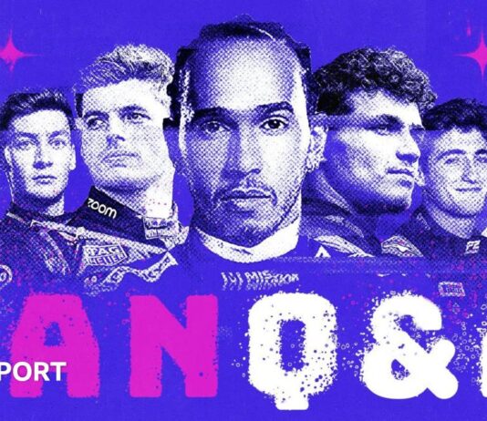 Graphic image of, from left to right, Alex Albon, George Russell, Max Verstappen, Lewis Hamilton, Lando Norris, Jack Doohan and Oliver Bearman. It is on a blue background with 'Fan Q&A' below the drivers