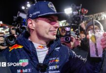 Max Verstappen holds up a drink in celebration after winning the 2024 F1 drivers' championship at the Las Vegas Grand Prix