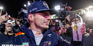 Max Verstappen holds up a drink in celebration after winning the 2024 F1 drivers' championship at the Las Vegas Grand Prix