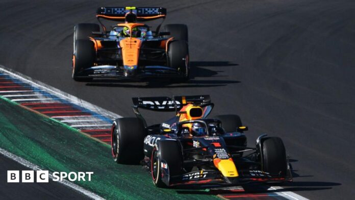 Red Bull's Max Verstappen leads McLaren's Lando Norris during the 2024 US Grand Prix