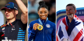 Max Verstappen, Simone Biles and Tom Pidcock celebrate their respective achievements