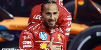 Lewis Hamilton's Ferrari takes a corner during pre-season testing in Bahrain in February