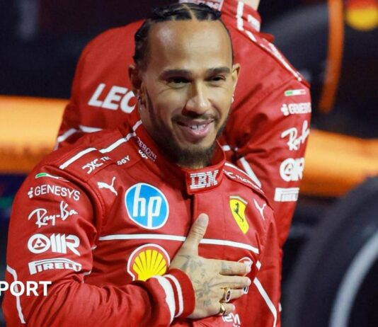 Lewis Hamilton's Ferrari takes a corner during pre-season testing in Bahrain in February