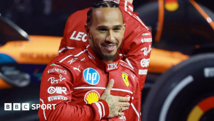 Lewis Hamilton's Ferrari takes a corner during pre-season testing in Bahrain in February