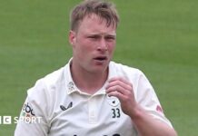 Matthew Waite exchanges pleasantries with Surrey's former Warwickshire and England opener Dom Sibley at The Oval last season