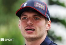 A close-up image of Max Verstappen wearing a Red Bull Racing cap