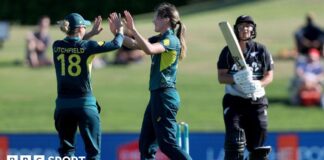 Australia's Phoebe Litchfield and Annabel Sutherland celebrate a wicket against New Zealand