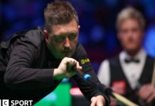 Kyren Wilson plays a shot with the extended rest