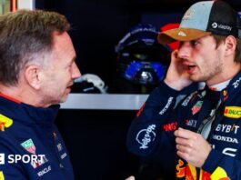 Red Bull team boss Christian Horner speaking to Max Verstappen