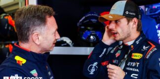 Red Bull team boss Christian Horner speaking to Max Verstappen