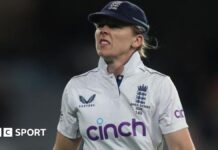 Heather Knight looking unhappy during the Ashes Test match v Australia