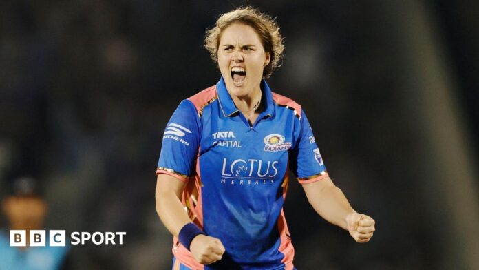 Mumbai Indians all-rounder celebrates the wicket of Marizanne Kapp